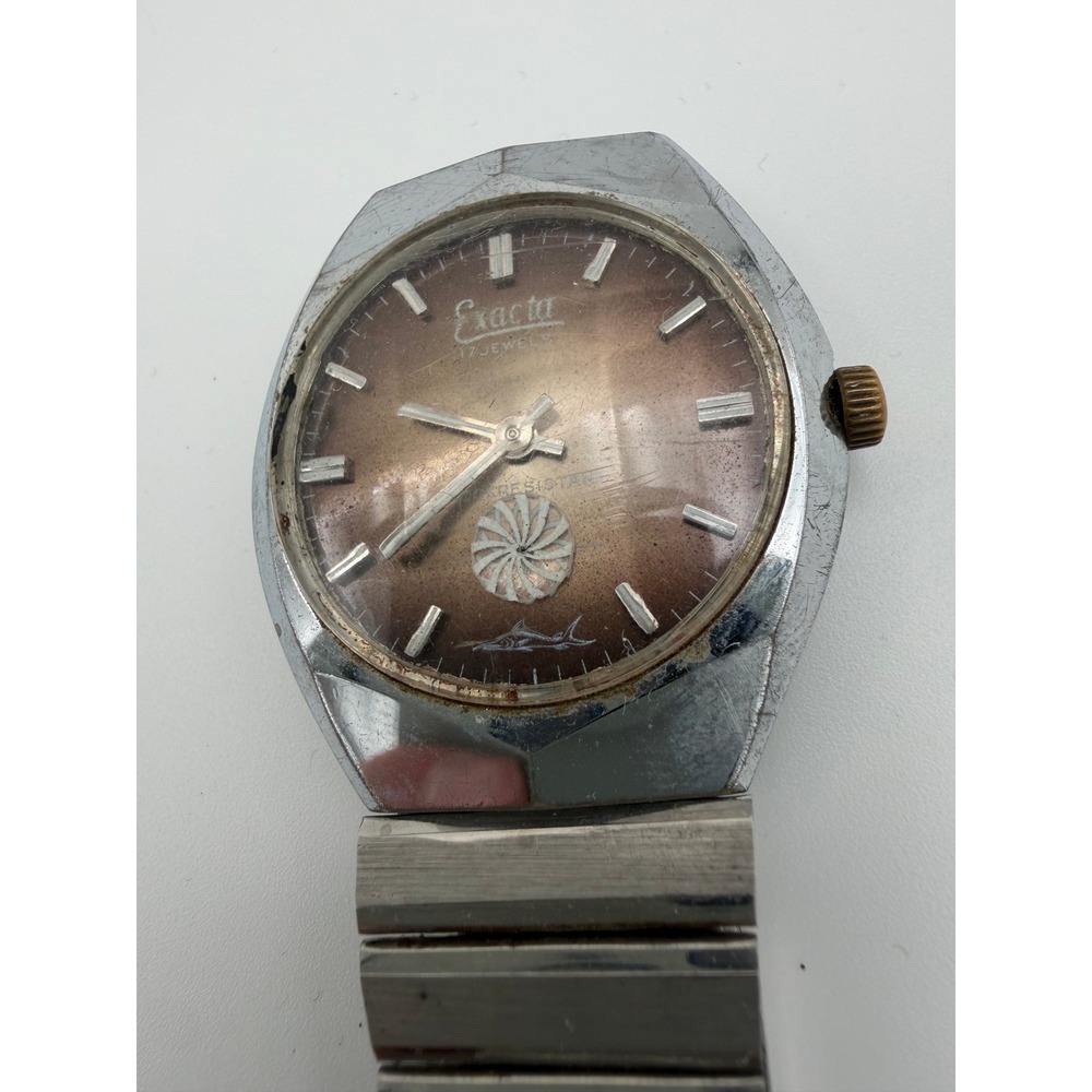 Vintage Exacta 17 Jewels Watch Brown Dial Shark Logo For Parts Untested‎
